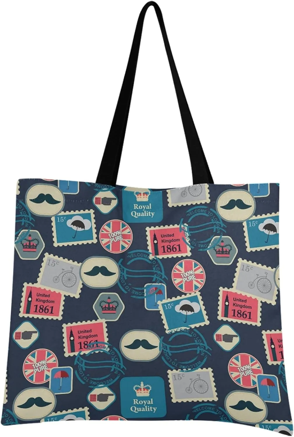 visesunny Women Extra Large Tote Bag British Style Beard Post Stamps Shoulder Bags Ladies Beach Travel Reusable Grocery Shopping Portable Storage Handbag