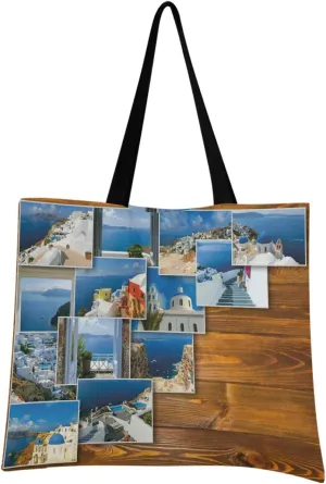 visesunny Women Extra Large Tote Bag Traditional Architecture Village Santorini Shoulder Bags Ladies Beach Travel Reusable Grocery Shopping Portable Storage Handbag