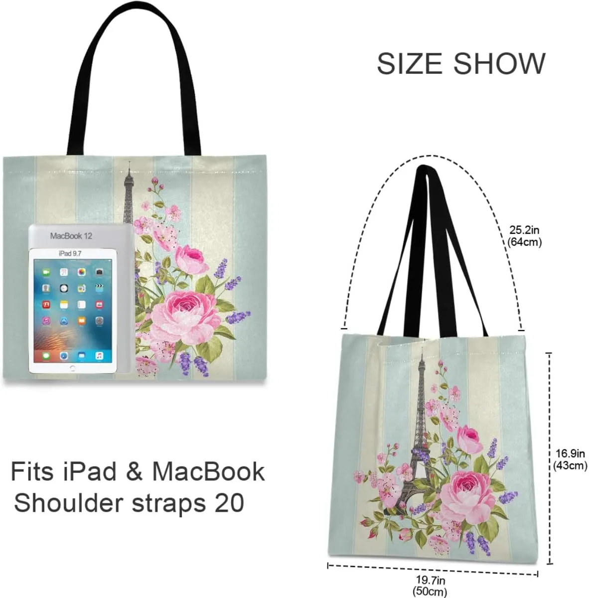 visesunny Women's Large Canvas Tote Shoulder Bag Eiffel Tower Stripe Floral Top Storage Handle Shopping Bag Casual Reusable Tote Bag for Beach,Travel,Groceries,Books