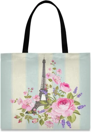 visesunny Women's Large Canvas Tote Shoulder Bag Eiffel Tower Stripe Floral Top Storage Handle Shopping Bag Casual Reusable Tote Bag for Beach,Travel,Groceries,Books