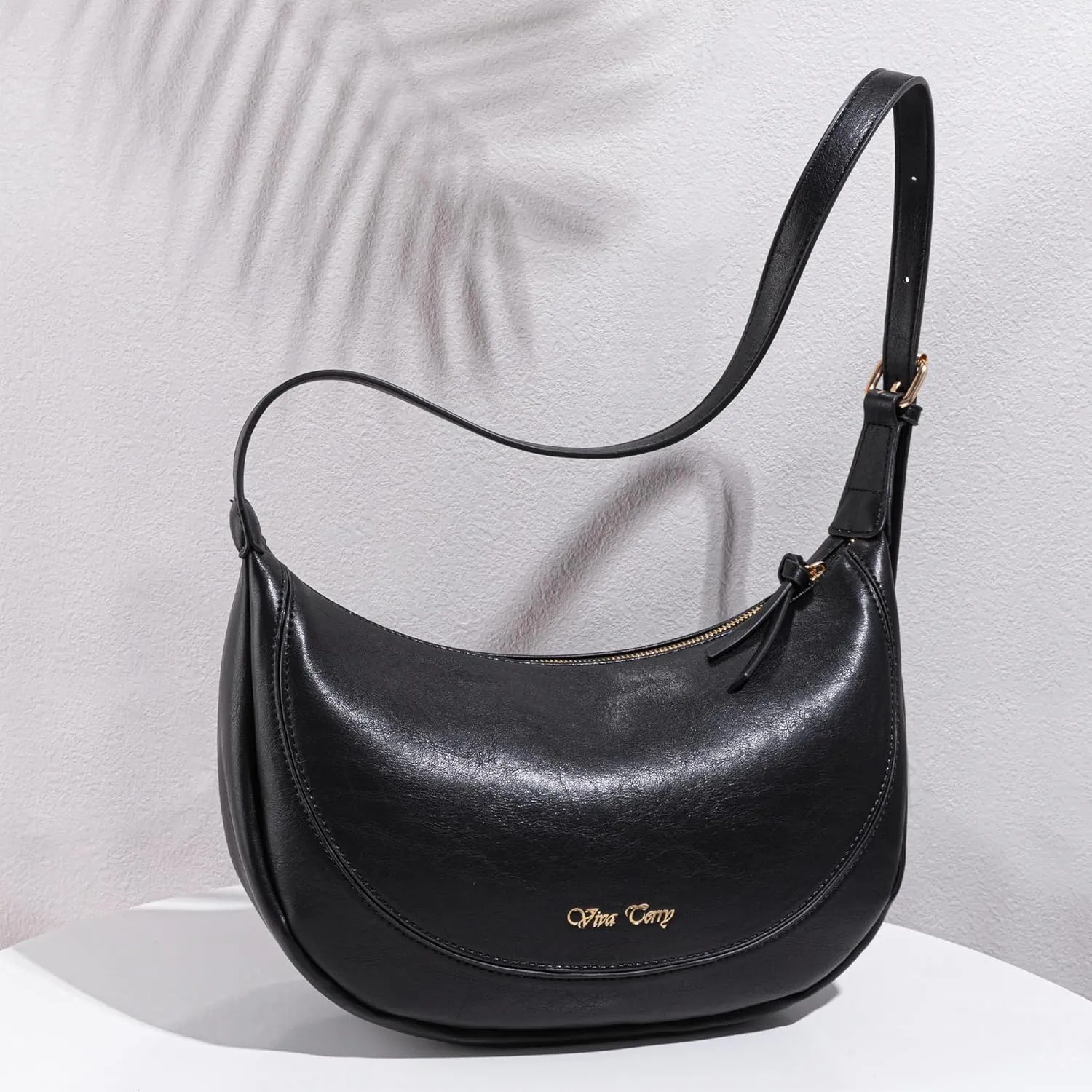 Viva Terry Vegan Leather Crescent Bag Casual Shoulder Purse and Handbag for Women with Adjustable Strap and Tassel