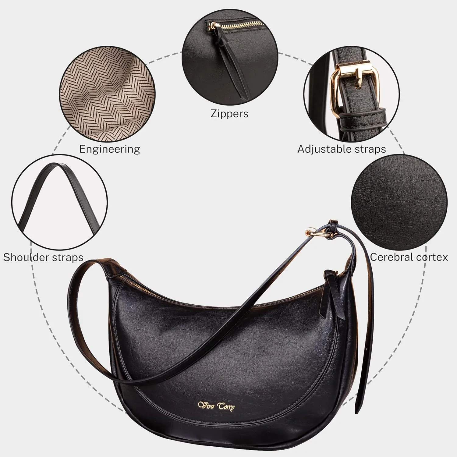 Viva Terry Vegan Leather Crescent Bag Casual Shoulder Purse and Handbag for Women with Adjustable Strap and Tassel