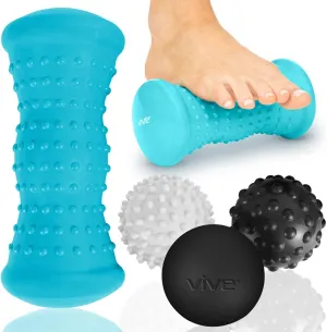 Vive Massage Ball Set (4 Piece) - Plantar Fasciitis Relief Foot Pain Hot Cold Therapy - Heel Spur, Sore Muscle, Trigger Point, Back, Arm, Neck, Shoulder, Leg Circulation Roller - FSA HSA Eligible