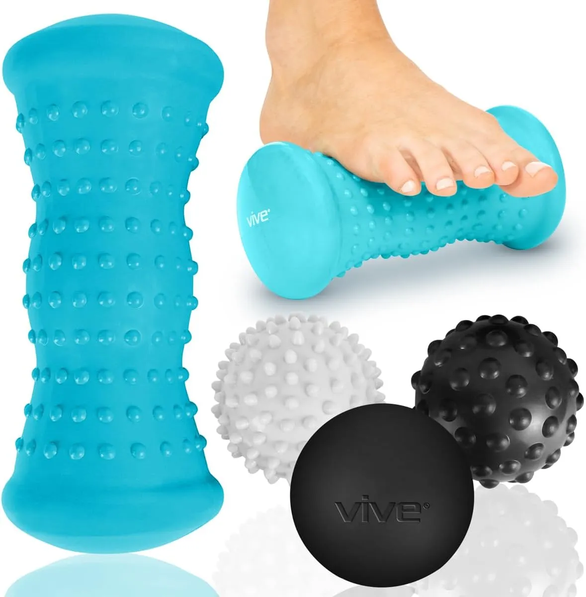 Vive Massage Ball Set (4 Piece) - Plantar Fasciitis Relief Foot Pain Hot Cold Therapy - Heel Spur, Sore Muscle, Trigger Point, Back, Arm, Neck, Shoulder, Leg Circulation Roller - FSA HSA Eligible
