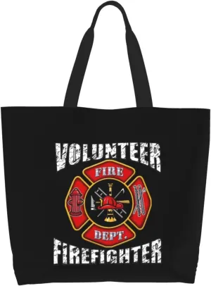 Volunteer Firefighters Canvas Tote Bags for Women, Ladies Shoulder Handbags Large Purse Lightweight Foldable Reusable Shopping Bag with Pockets for Work, Travel, 15.7x19.7in