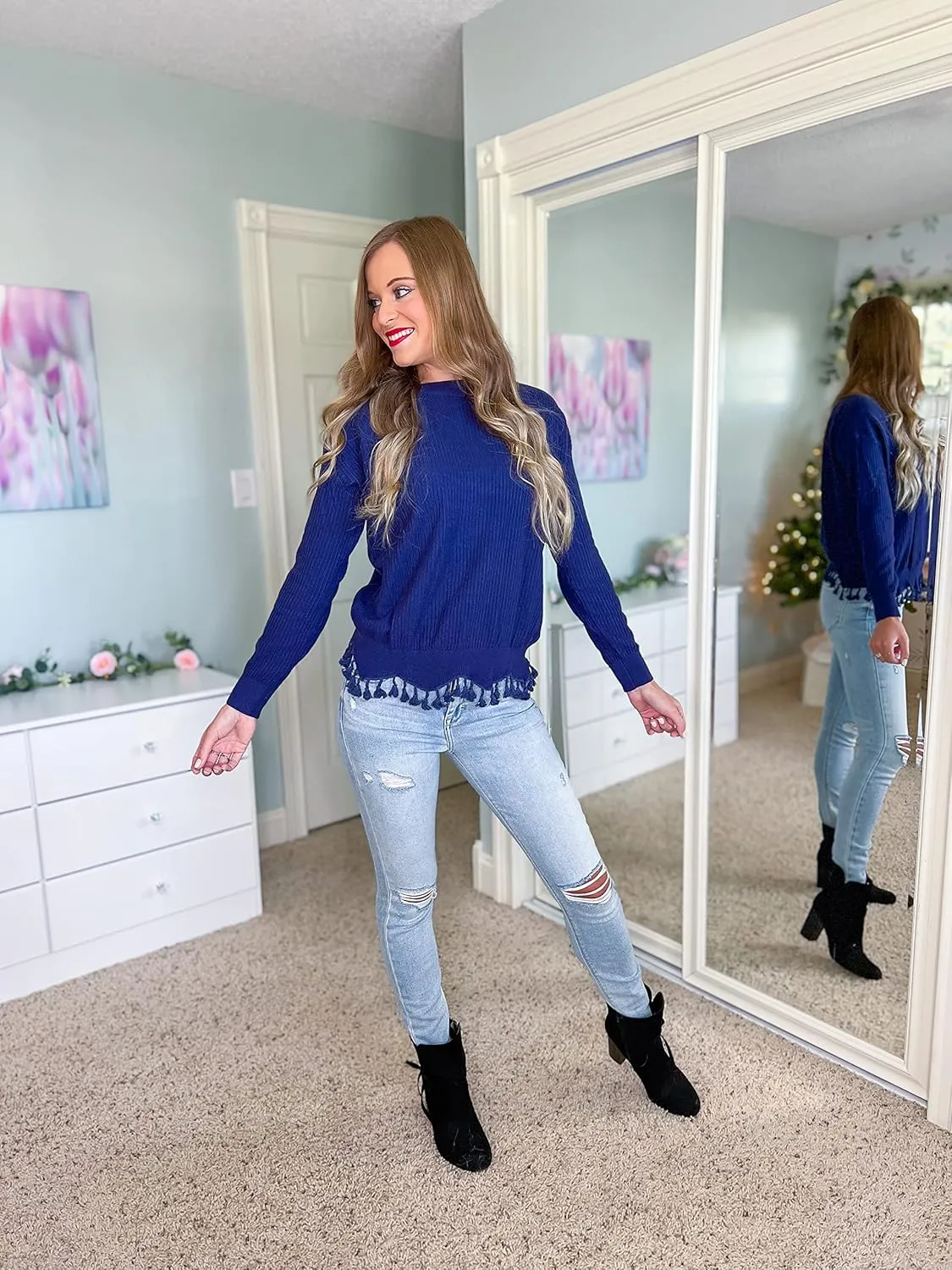 VOTEPRETTY Women's Boat Neck Fall Sweater 2022 Long Sleeve Tassel Solid Loose Casual Knit Pullover Tops