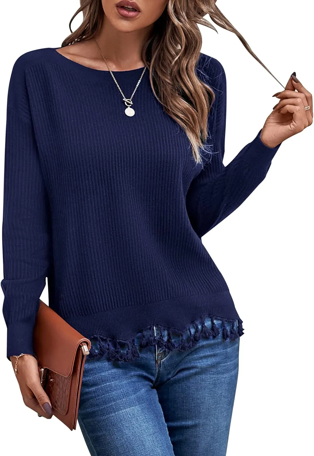 VOTEPRETTY Women's Boat Neck Fall Sweater 2022 Long Sleeve Tassel Solid Loose Casual Knit Pullover Tops