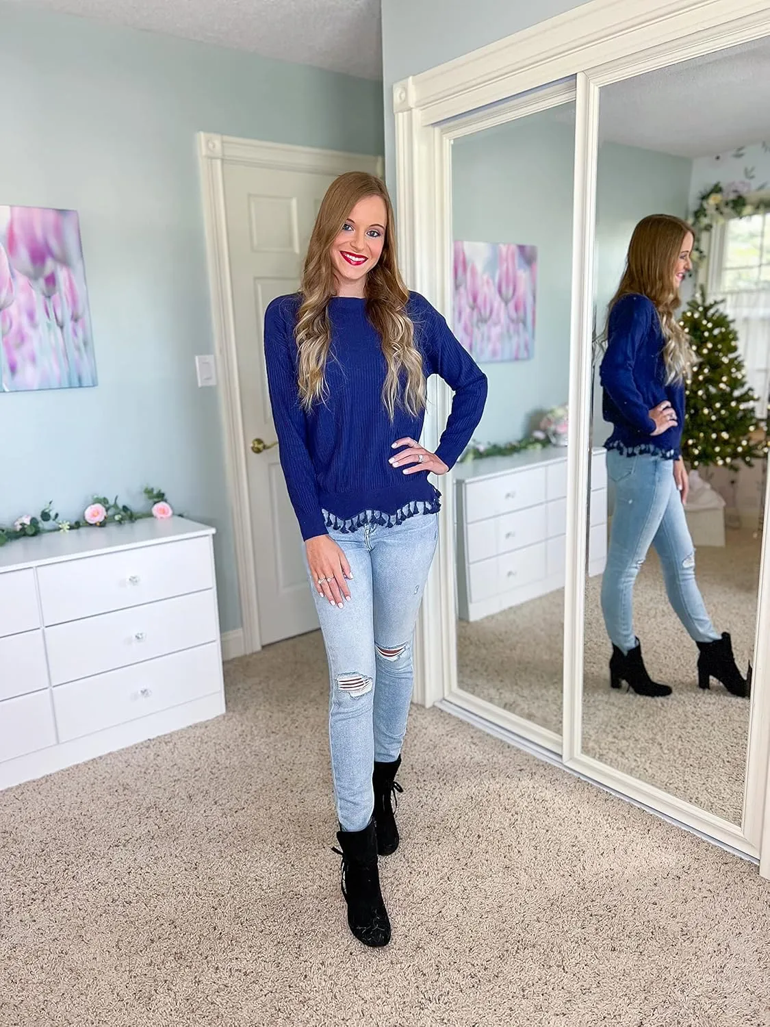 VOTEPRETTY Women's Boat Neck Fall Sweater 2022 Long Sleeve Tassel Solid Loose Casual Knit Pullover Tops