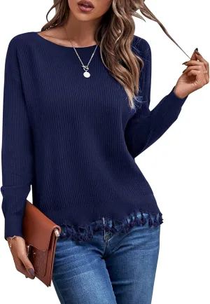 VOTEPRETTY Women's Boat Neck Fall Sweater 2022 Long Sleeve Tassel Solid Loose Casual Knit Pullover Tops