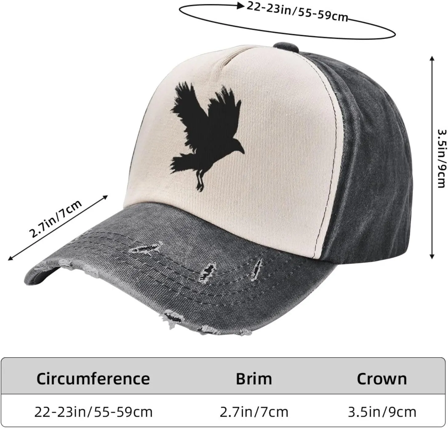 Washed Crow Raven Black Bird Animal Baseball Cap Adjustable Denim Hat for Men Women