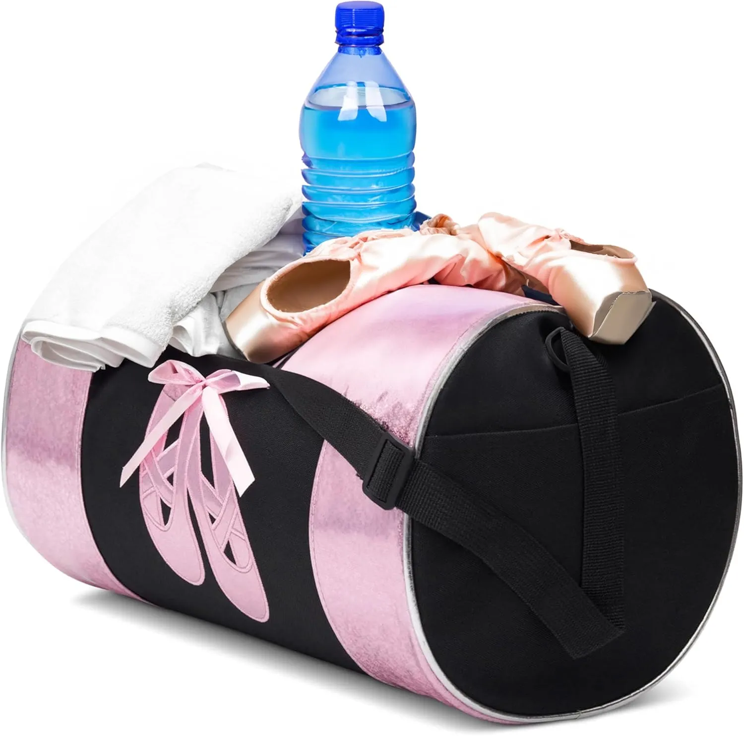 Water-resistance Dance Ballet Slippers Duffel Bag, Kids Travel Bag with Adjustable Carry On Pouch, Dance Accessories For Girls, Teens (Black/Pink)