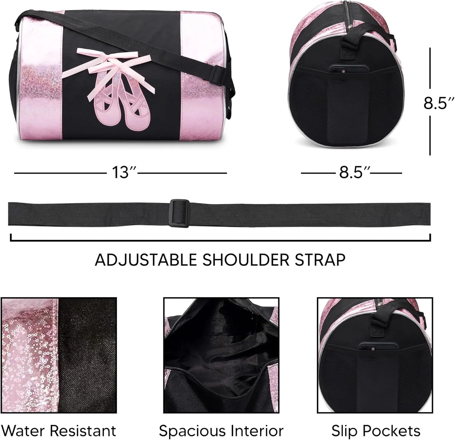 Water-resistance Dance Ballet Slippers Duffel Bag, Kids Travel Bag with Adjustable Carry On Pouch, Dance Accessories For Girls, Teens (Black/Pink)