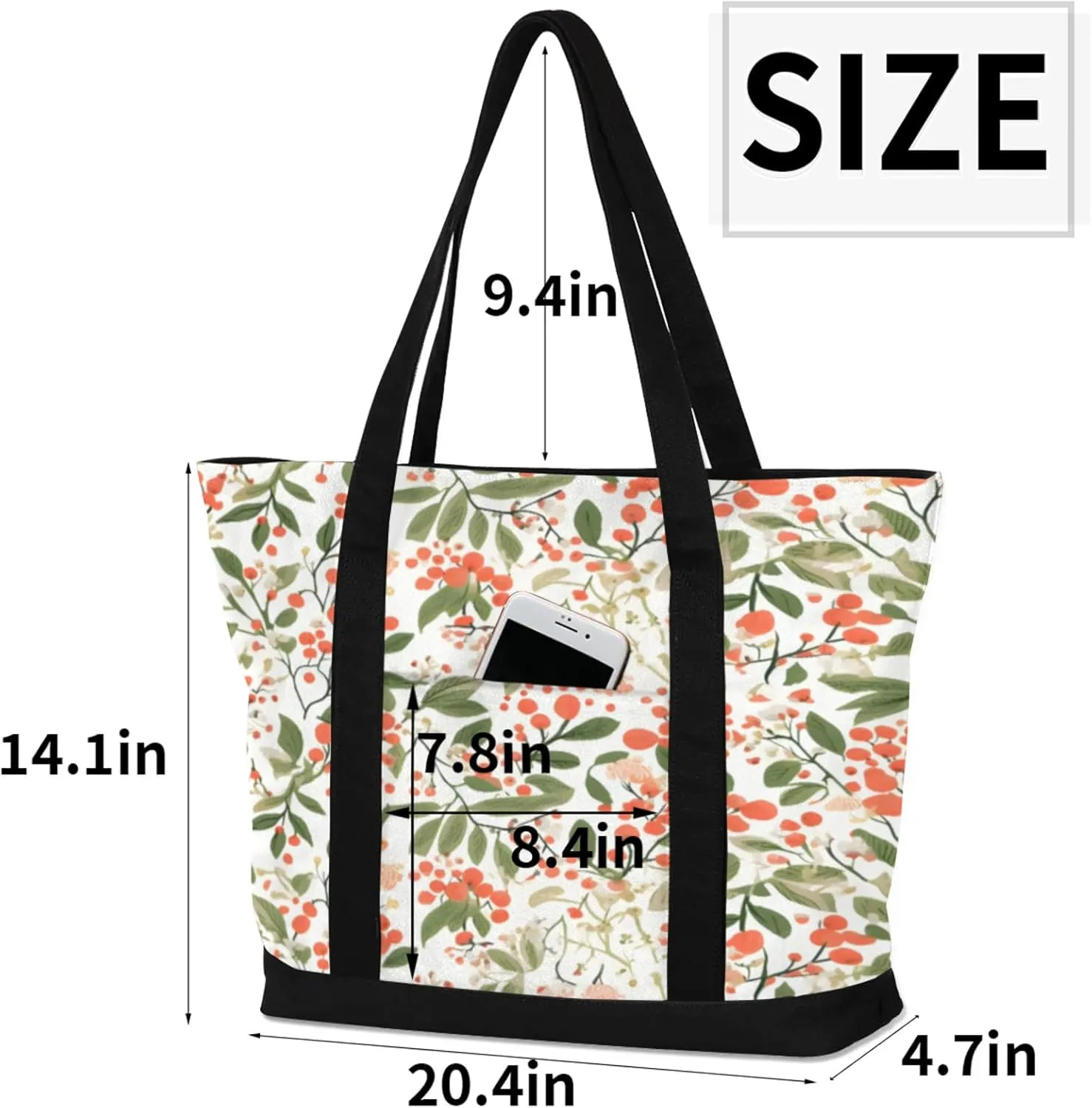 Watercolor Blue Wildflower Canvas Tote Bag Casual Shoulder Handbag Large Shopping Bags With 5 Pocket