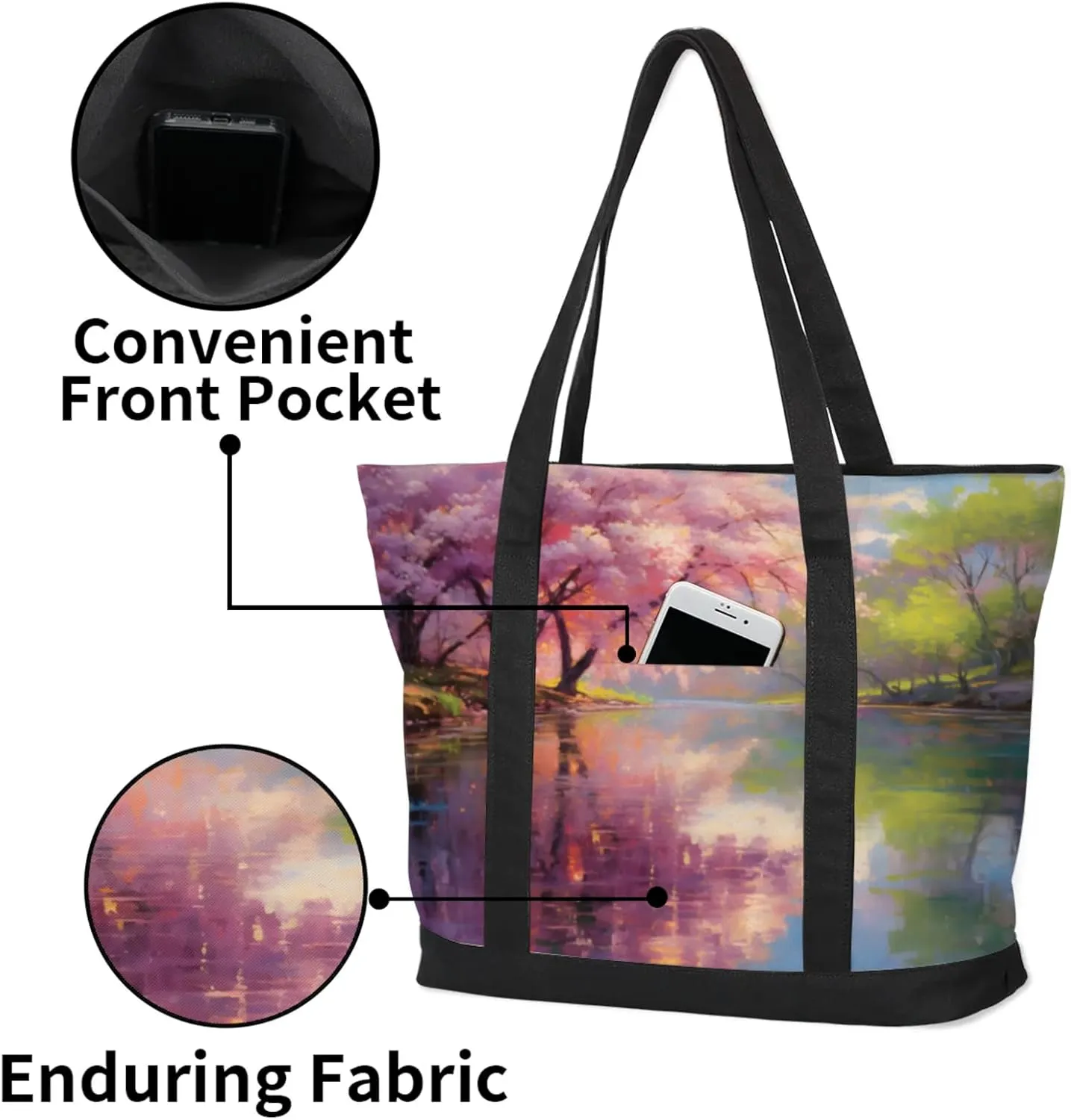 Watercolor Blue Wildflower Canvas Tote Bag Casual Shoulder Handbag Large Shopping Bags With 5 Pocket