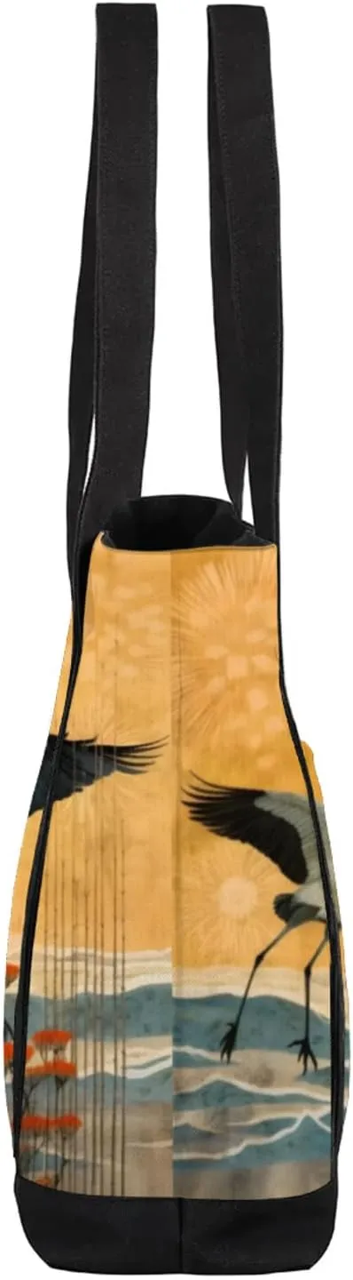 Watercolor Blue Wildflower Canvas Tote Bag Casual Shoulder Handbag Large Shopping Bags With 5 Pocket
