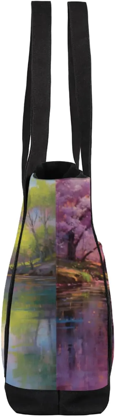Watercolor Blue Wildflower Canvas Tote Bag Casual Shoulder Handbag Large Shopping Bags With 5 Pocket