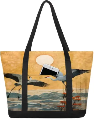 Watercolor Blue Wildflower Canvas Tote Bag Casual Shoulder Handbag Large Shopping Bags With 5 Pocket