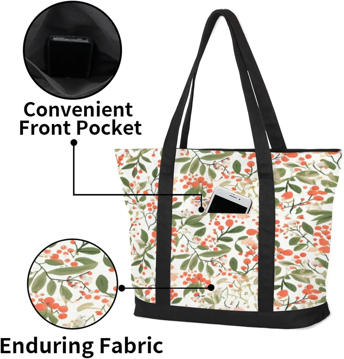 Watercolor Blue Wildflower Canvas Tote Bag Casual Shoulder Handbag Large Shopping Bags With 5 Pocket