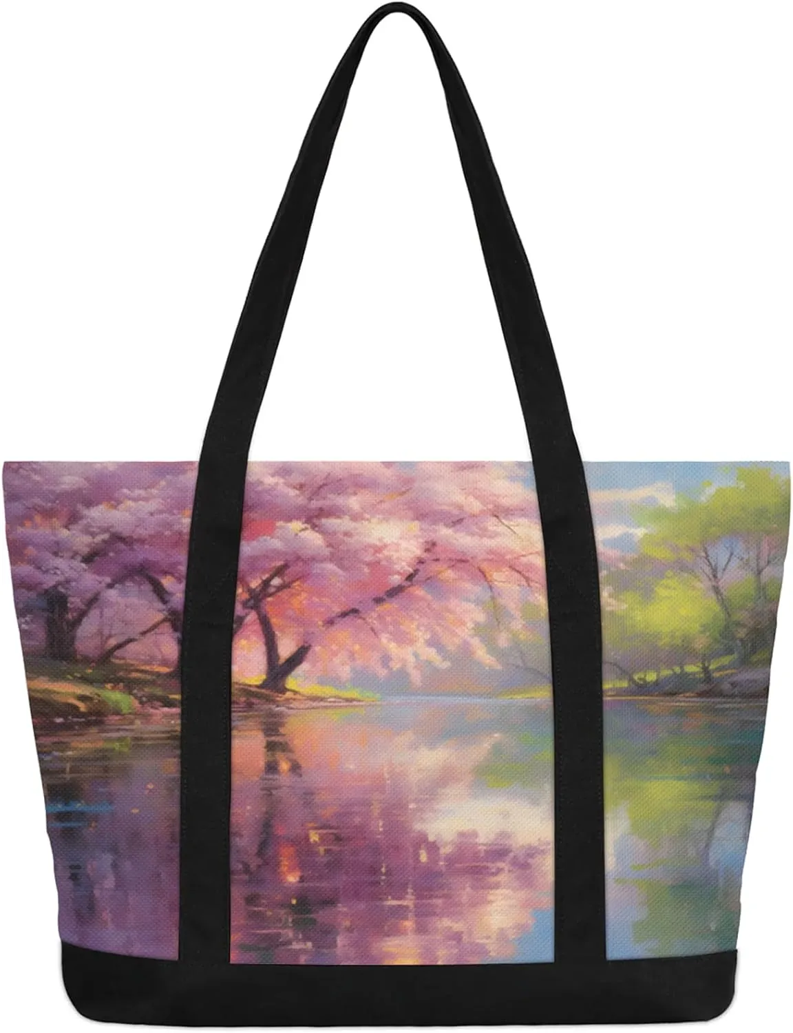 Watercolor Blue Wildflower Canvas Tote Bag Casual Shoulder Handbag Large Shopping Bags With 5 Pocket