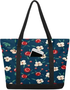 Watercolor Blue Wildflower Canvas Tote Bag Casual Shoulder Handbag Large Shopping Bags With 5 Pocket