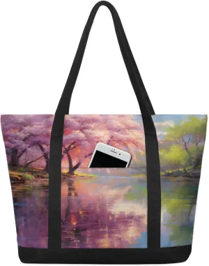 Watercolor Blue Wildflower Canvas Tote Bag Casual Shoulder Handbag Large Shopping Bags With 5 Pocket