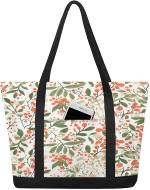Watercolor Blue Wildflower Canvas Tote Bag Casual Shoulder Handbag Large Shopping Bags With 5 Pocket