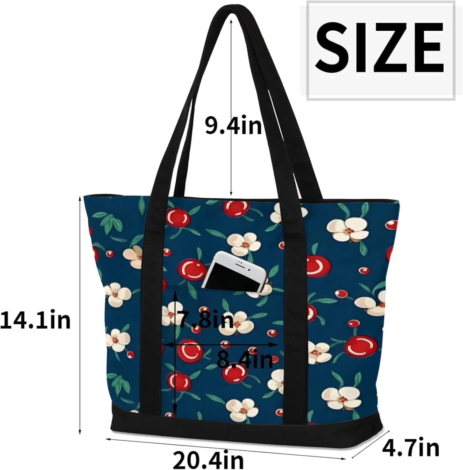 Watercolor Blue Wildflower Canvas Tote Bag Casual Shoulder Handbag Large Shopping Bags With 5 Pocket