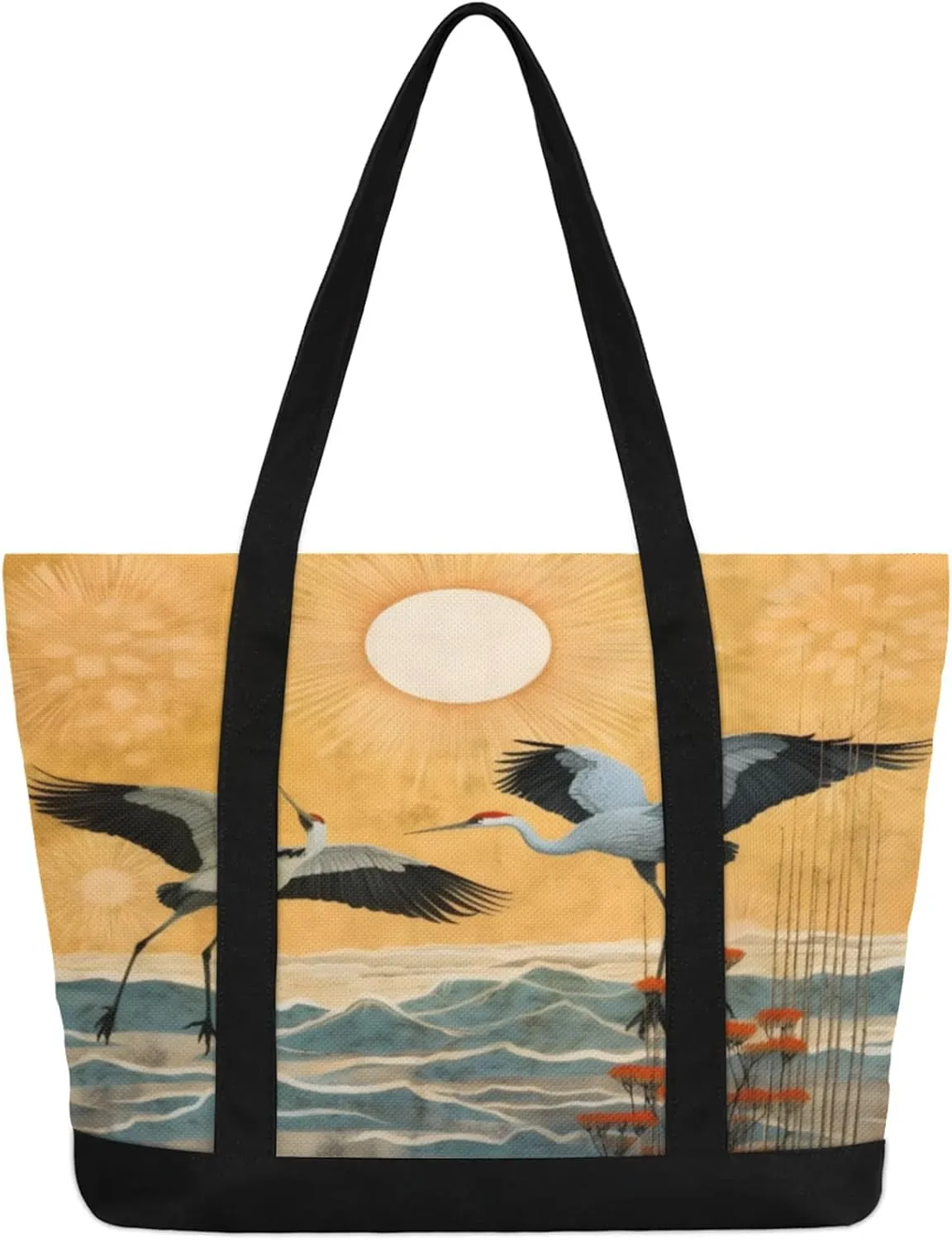 Watercolor Blue Wildflower Canvas Tote Bag Casual Shoulder Handbag Large Shopping Bags With 5 Pocket