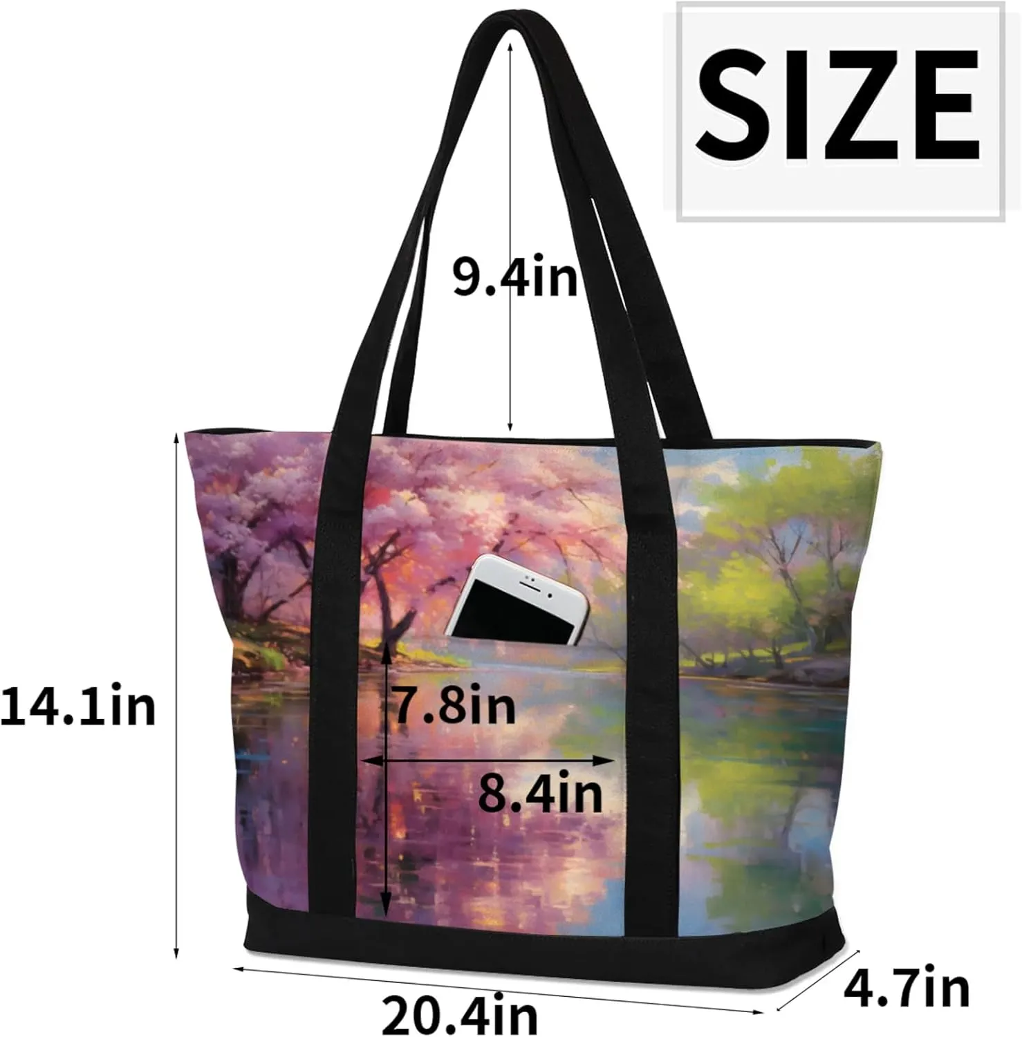 Watercolor Blue Wildflower Canvas Tote Bag Casual Shoulder Handbag Large Shopping Bags With 5 Pocket