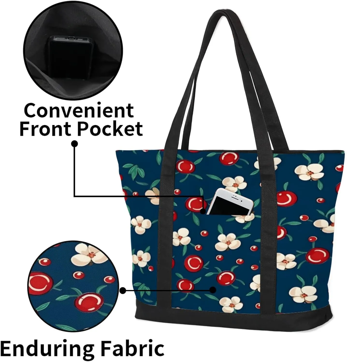 Watercolor Blue Wildflower Canvas Tote Bag Casual Shoulder Handbag Large Shopping Bags With 5 Pocket