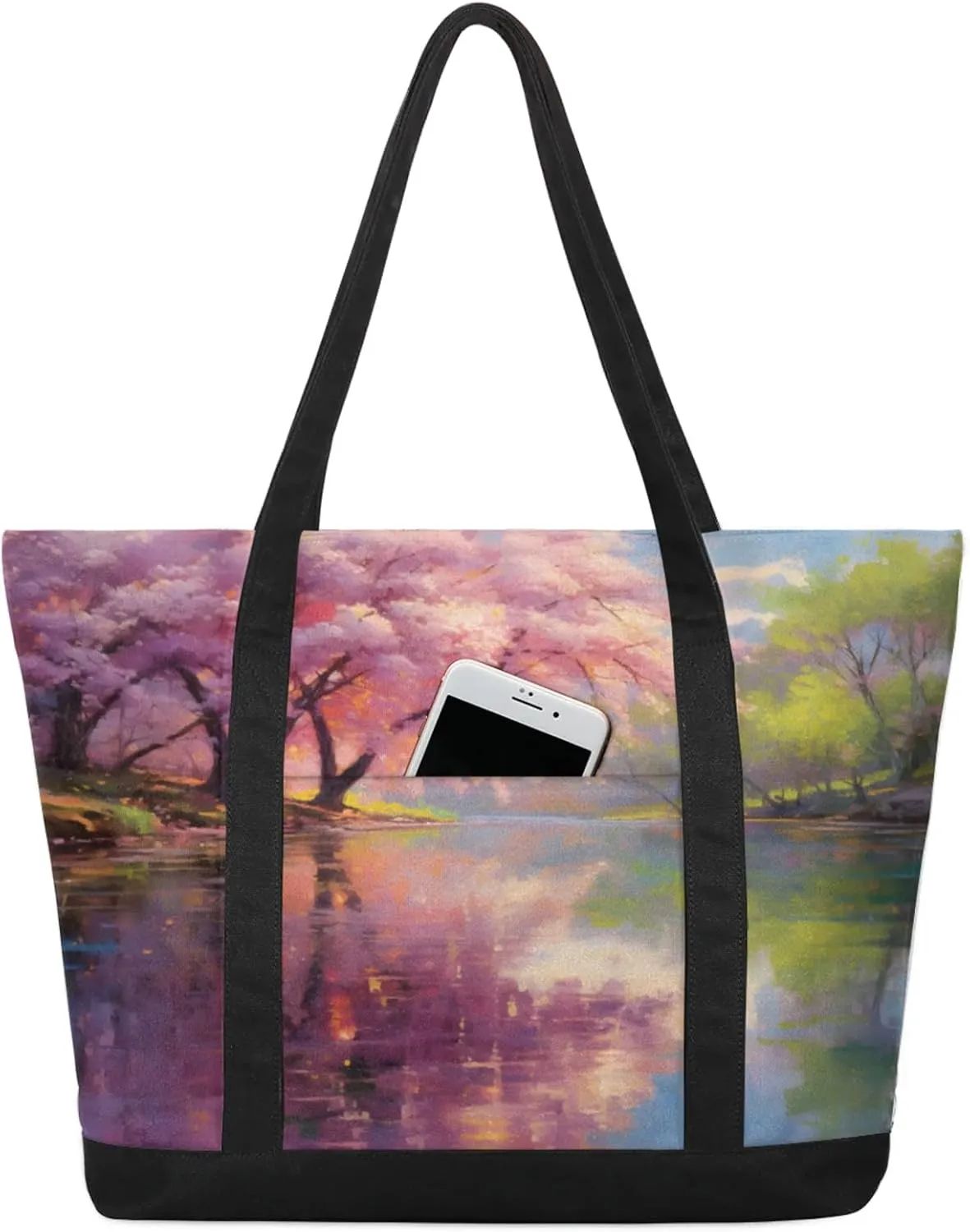 Watercolor Blue Wildflower Canvas Tote Bag Casual Shoulder Handbag Large Shopping Bags With 5 Pocket