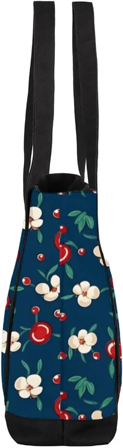 Watercolor Blue Wildflower Canvas Tote Bag Casual Shoulder Handbag Large Shopping Bags With 5 Pocket