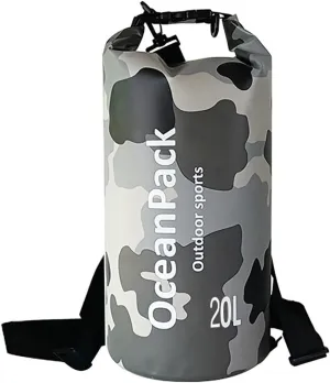 Waterproof Dry Bag 5L/10L/20L for men- PVC Material, Camo Design, Single/Dual Shoulder Straps for Kayaking, Swimming, Beach, Boating & Outdoor Activities (GRAY CAMO, 20L)