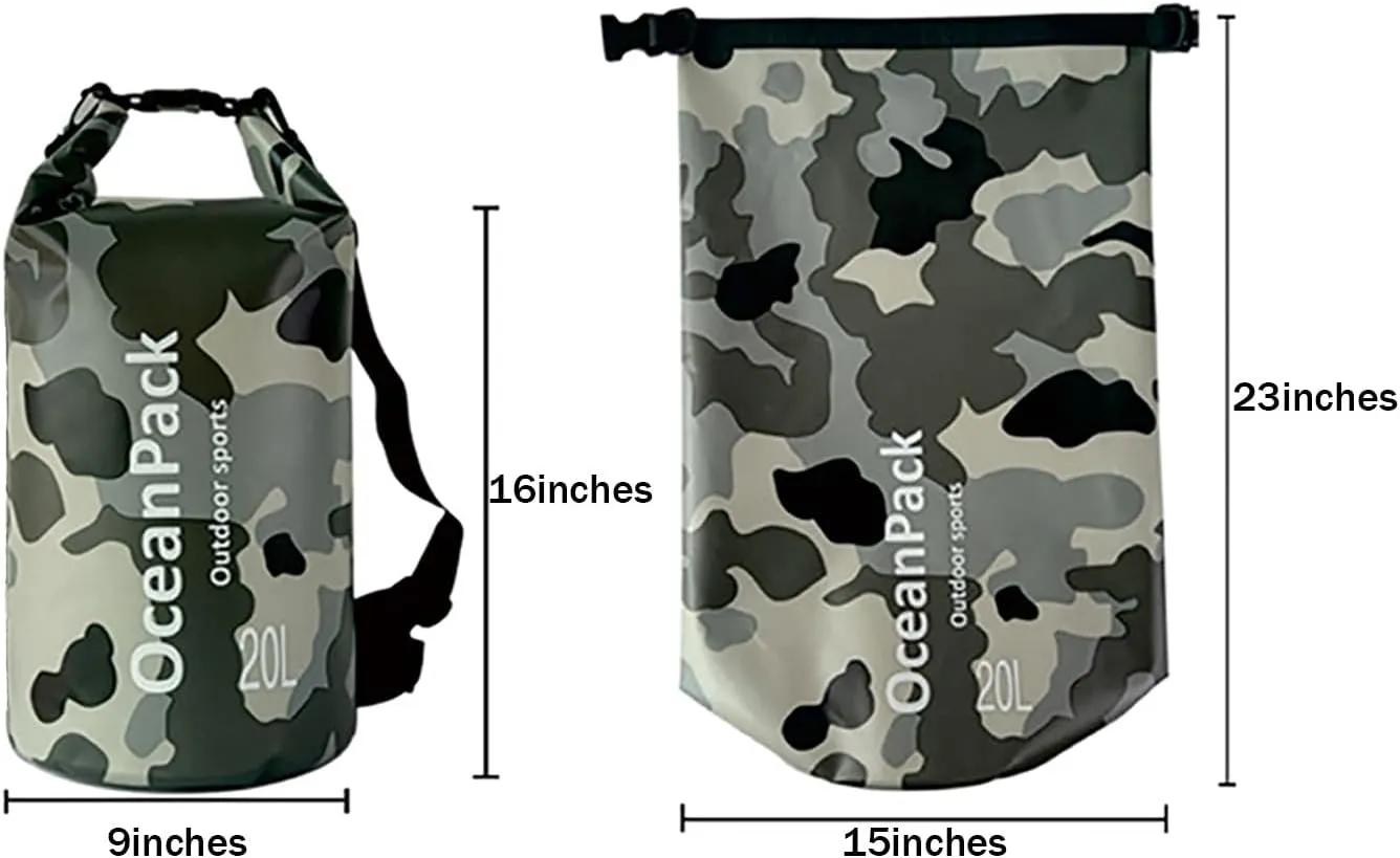 Waterproof Dry Bag 5L/10L/20L for men- PVC Material, Camo Design, Single/Dual Shoulder Straps for Kayaking, Swimming, Beach, Boating & Outdoor Activities (GRAY CAMO, 20L)