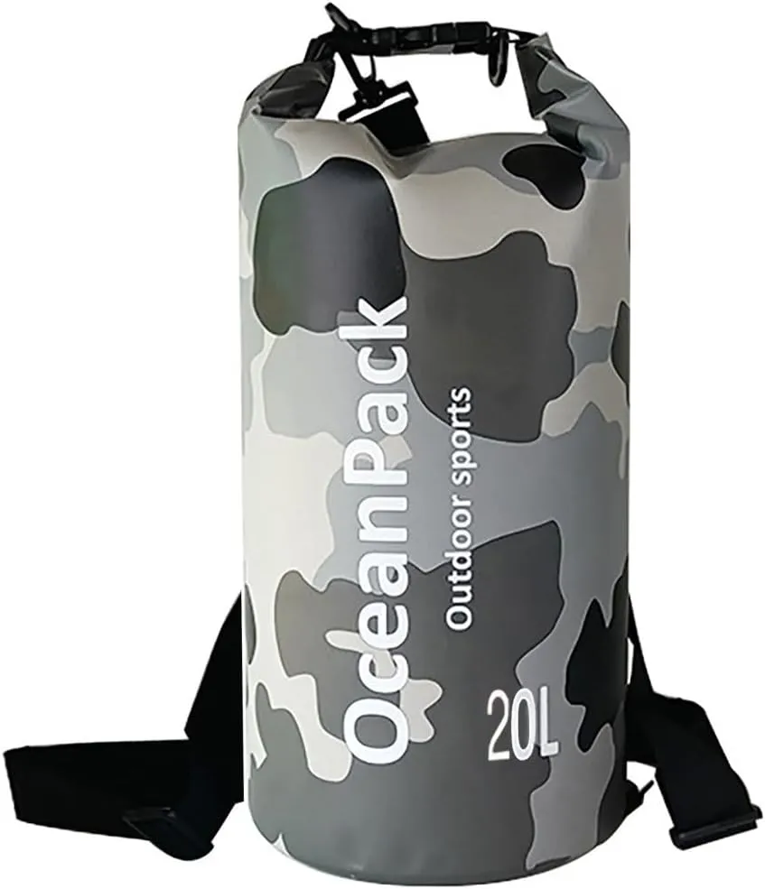 Waterproof Dry Bag 5L/10L/20L for men- PVC Material, Camo Design, Single/Dual Shoulder Straps for Kayaking, Swimming, Beach, Boating & Outdoor Activities (GRAY CAMO, 20L)