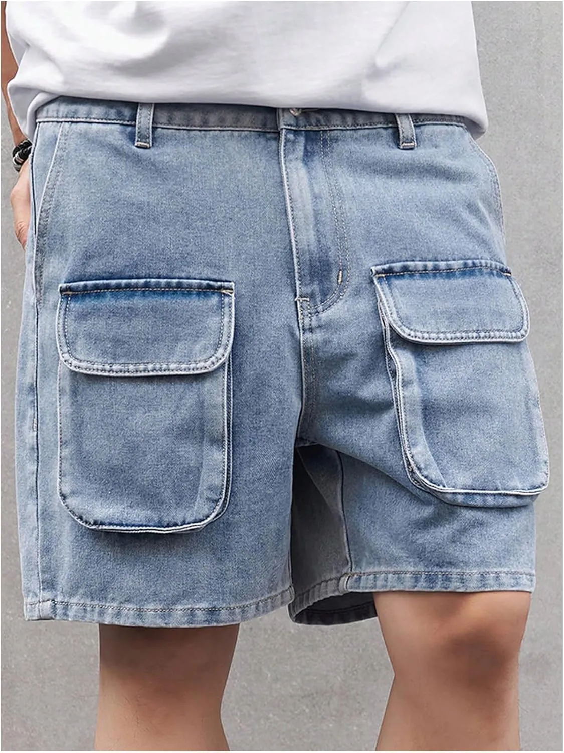 WDIRARA Men's Ripped Denim Shorts Straight Leg Raw Hem Frayed Distressed Jean Shorts Pants
