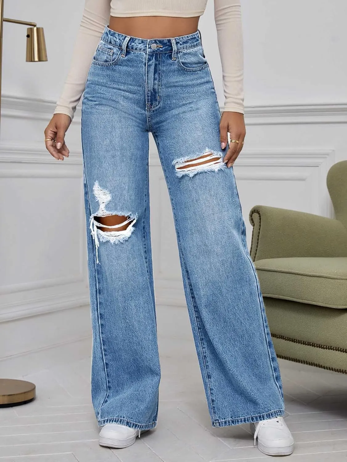 WDIRARA Women's High Waist Ripped Wide Leg Baggy Jeans Distressed Denim Pants