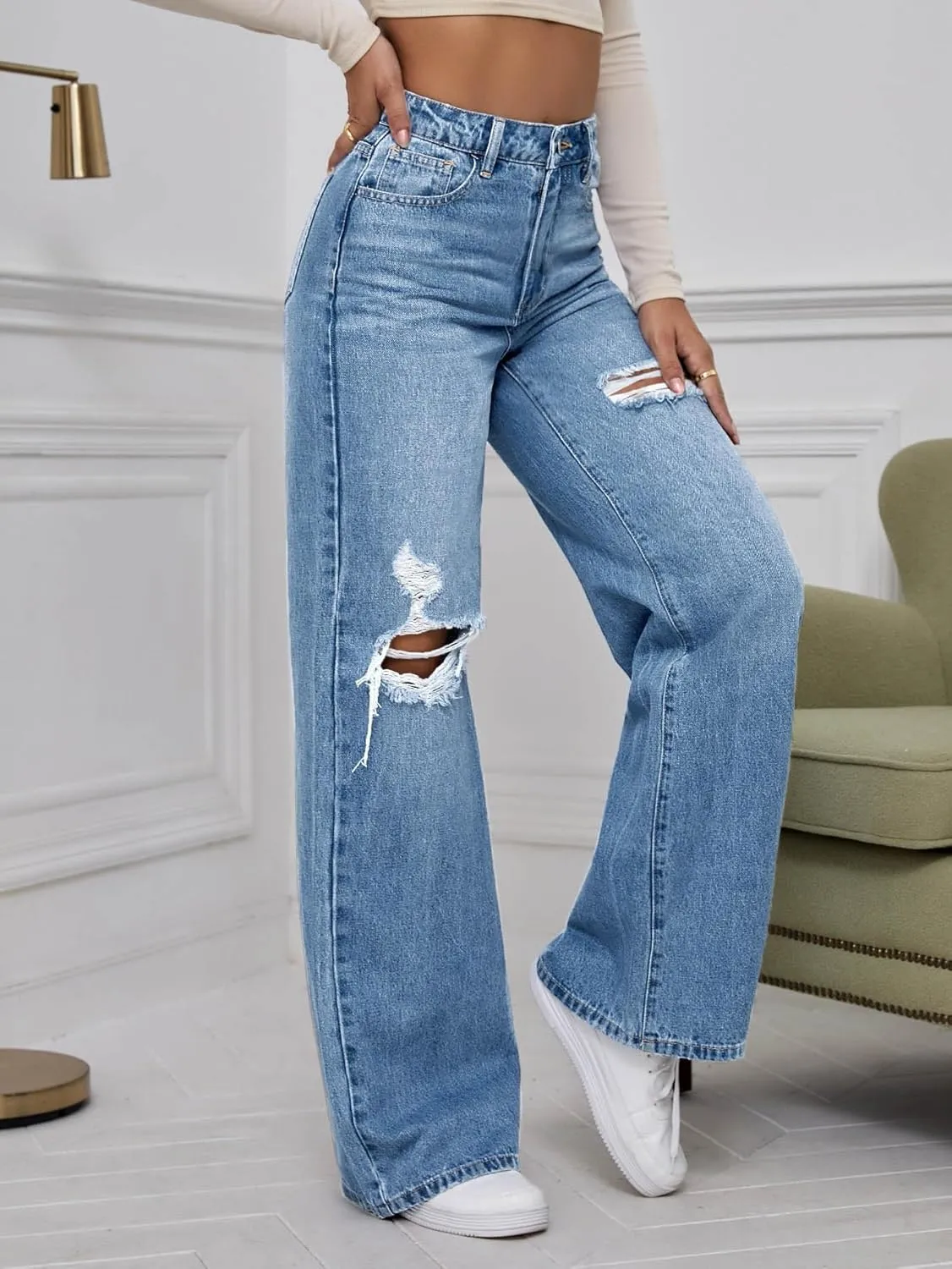 WDIRARA Women's High Waist Ripped Wide Leg Baggy Jeans Distressed Denim Pants