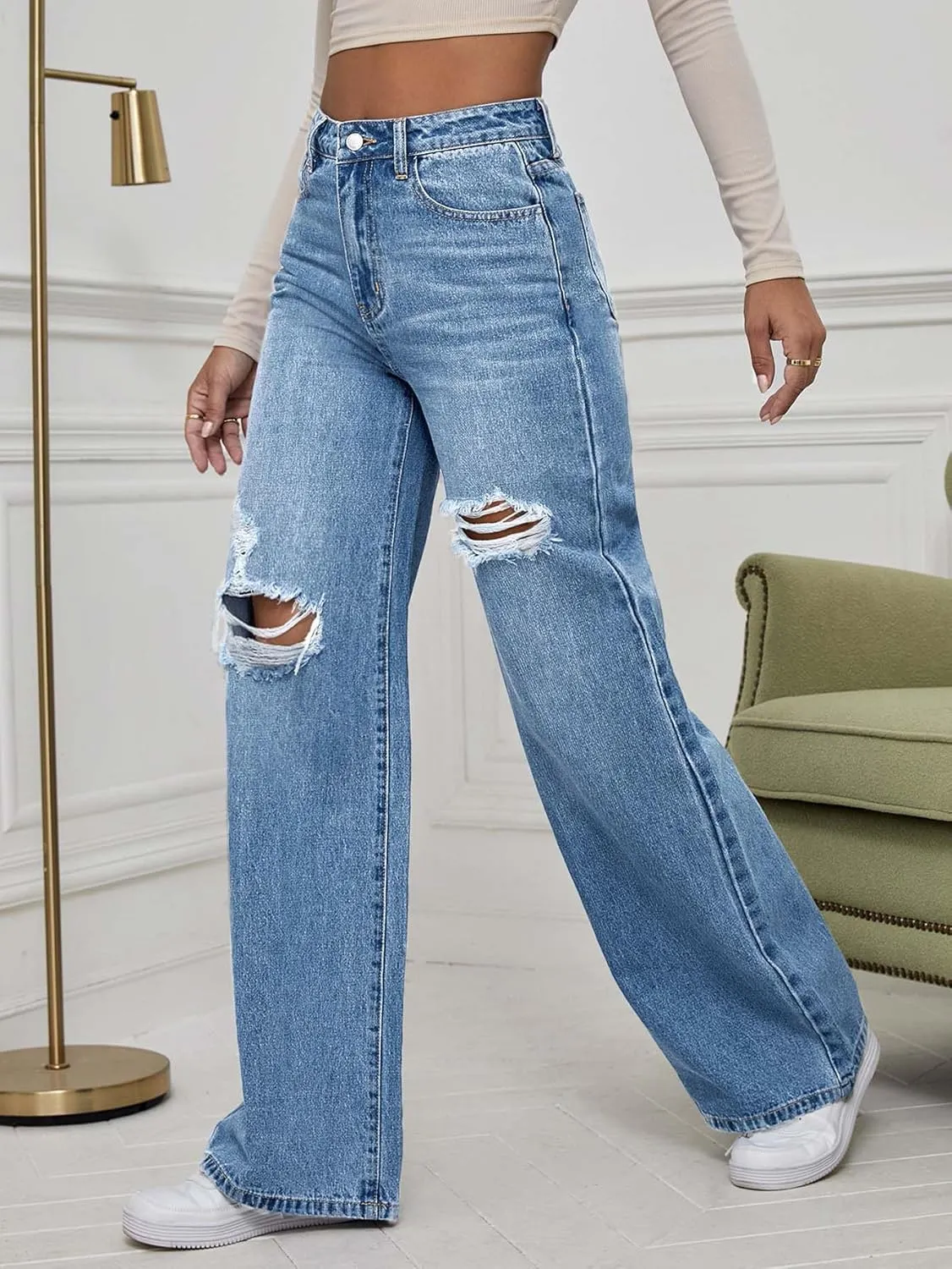 WDIRARA Women's High Waist Ripped Wide Leg Baggy Jeans Distressed Denim Pants