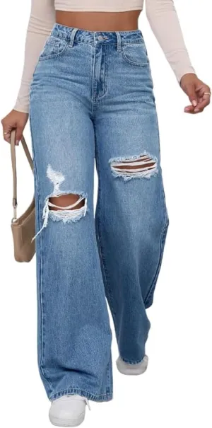WDIRARA Women's High Waist Ripped Wide Leg Baggy Jeans Distressed Denim Pants