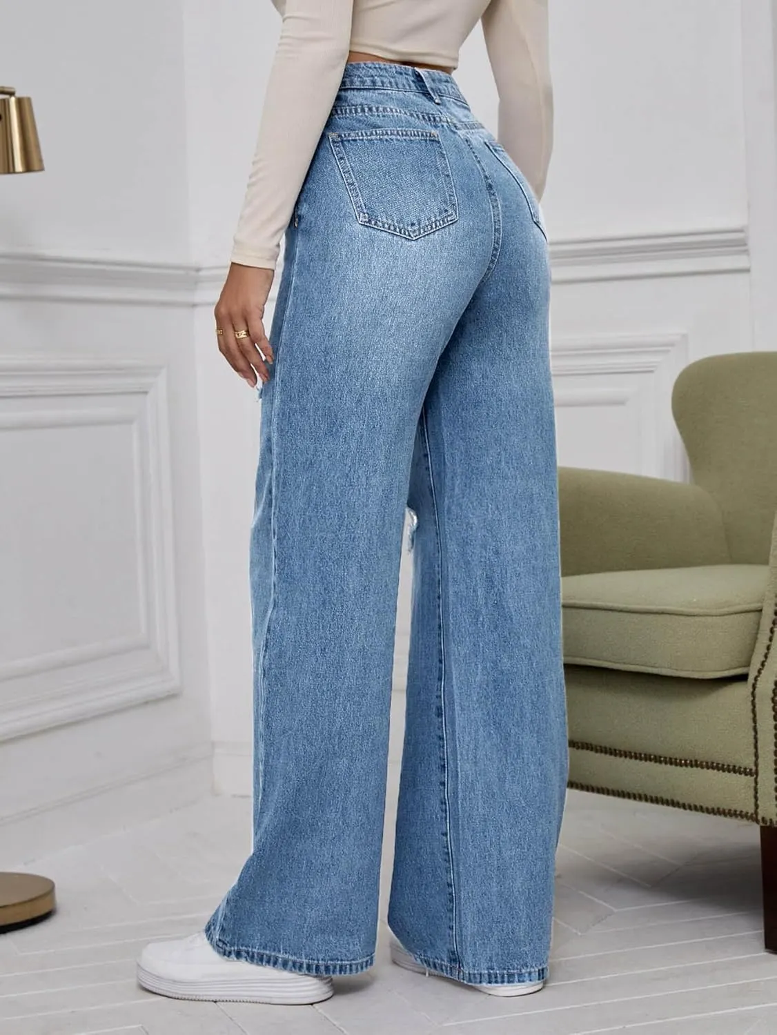 WDIRARA Women's High Waist Ripped Wide Leg Baggy Jeans Distressed Denim Pants