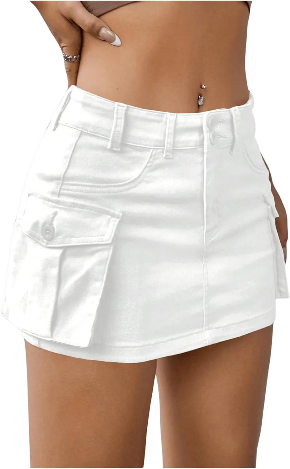 WDIRARA Women's Low Waist Button Bodycon Mini Cargo Denim Skirt with Pocket