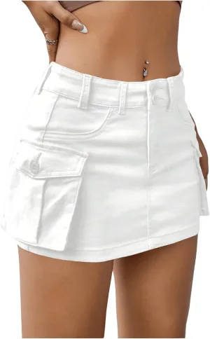WDIRARA Women's Low Waist Button Bodycon Mini Cargo Denim Skirt with Pocket