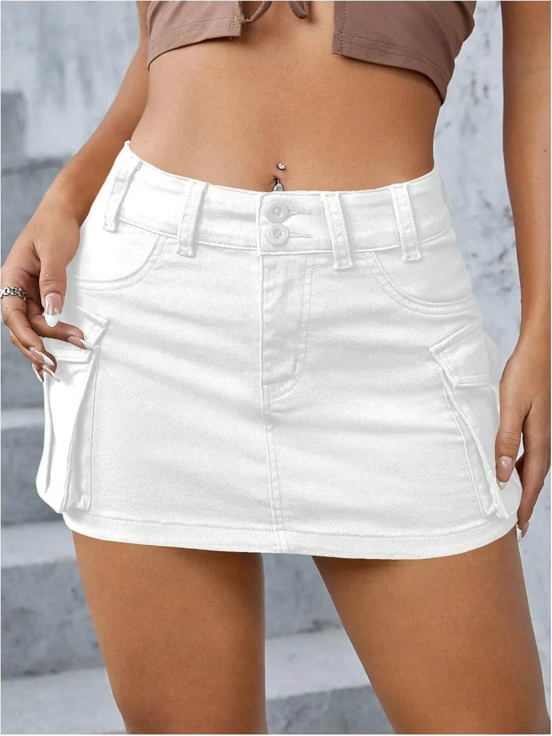 WDIRARA Women's Low Waist Button Bodycon Mini Cargo Denim Skirt with Pocket