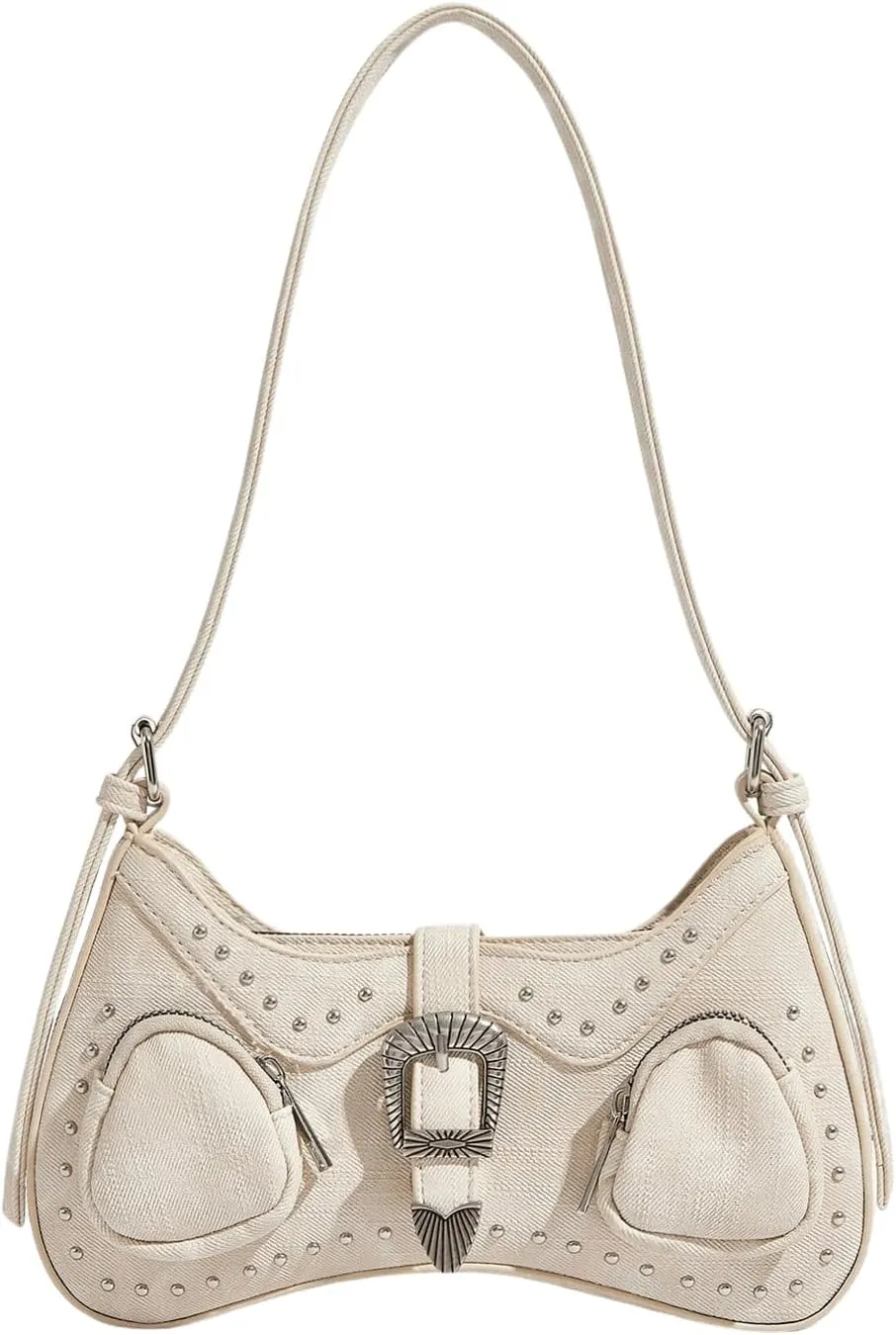 WDIRARA Women's Studded Detail Underarm Bag Buckle Decor Clutch Purse Flap Zipper Funky Shoulder Handbag
