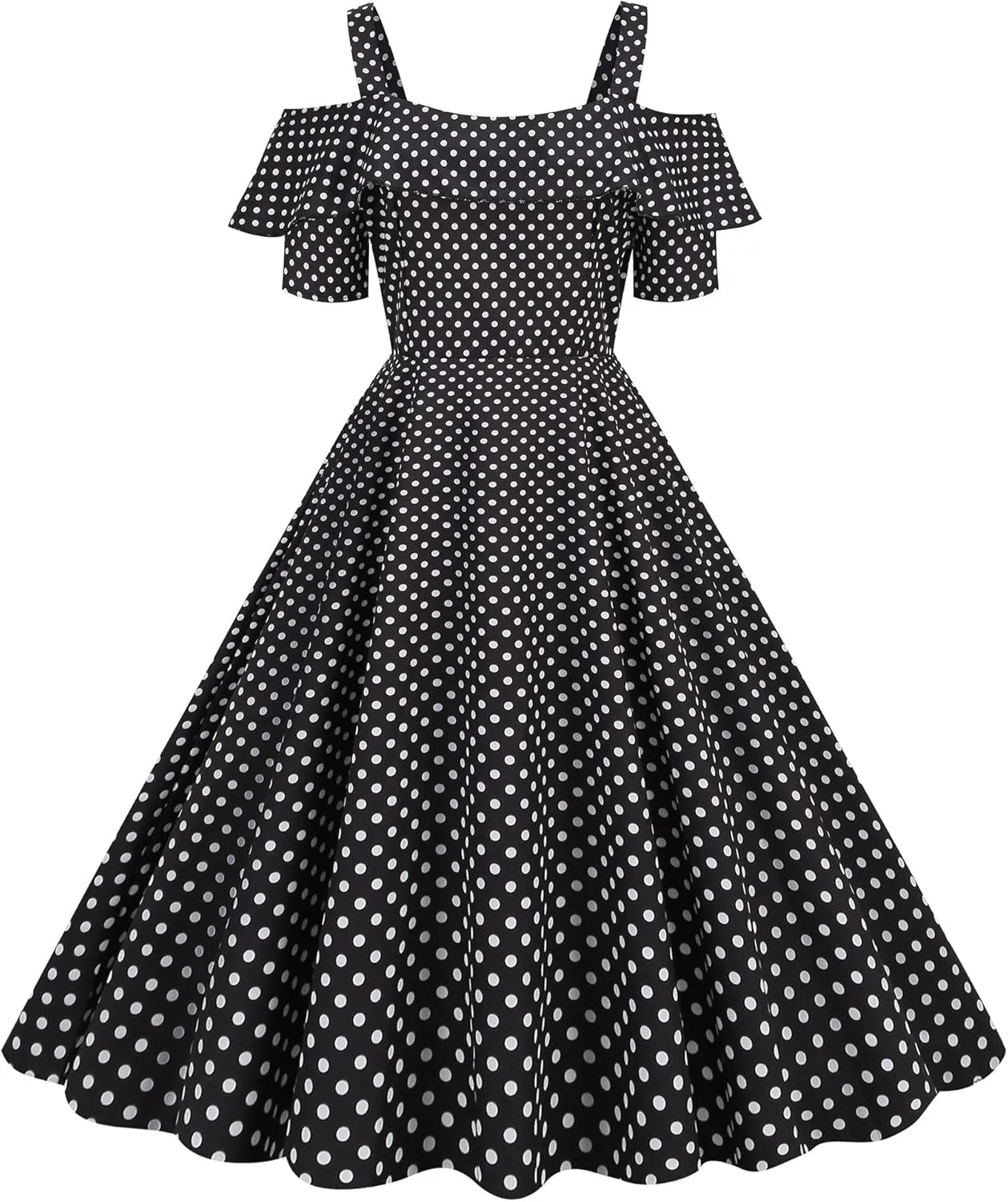 Wellwits Women's Off Shoulder Strap Polka Dots 1950s Vintage Dress