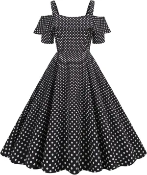 Wellwits Women's Off Shoulder Strap Polka Dots 1950s Vintage Dress