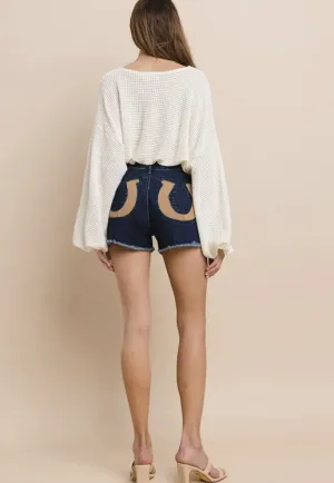 Western  Horeshoe Detail Dk Denim Shorts