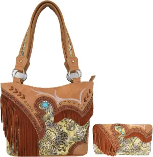 Western Style Fringe Conchos Gem Rhinestone Studded Woven Leather Purse Country Handbag Women Shoulder Bag Wallet Set
