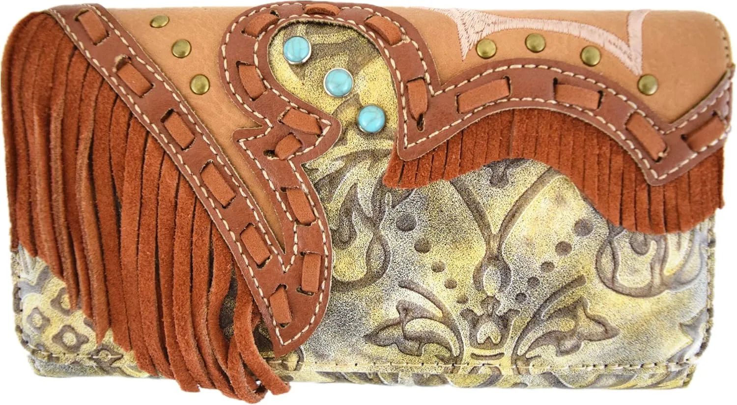 Western Style Fringe Conchos Gem Rhinestone Studded Woven Leather Purse Country Handbag Women Shoulder Bag Wallet Set